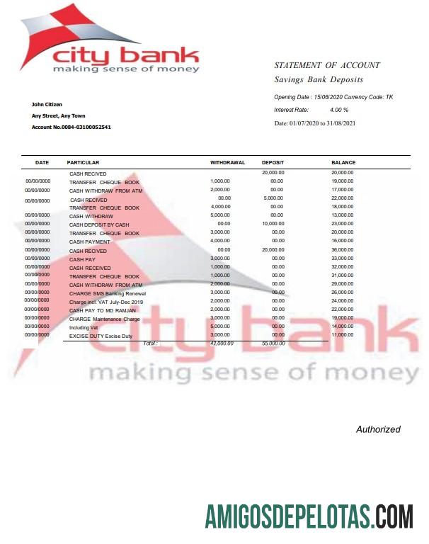 Modelo realista de extrato bancário da cidade dos EUA em Word e PDF